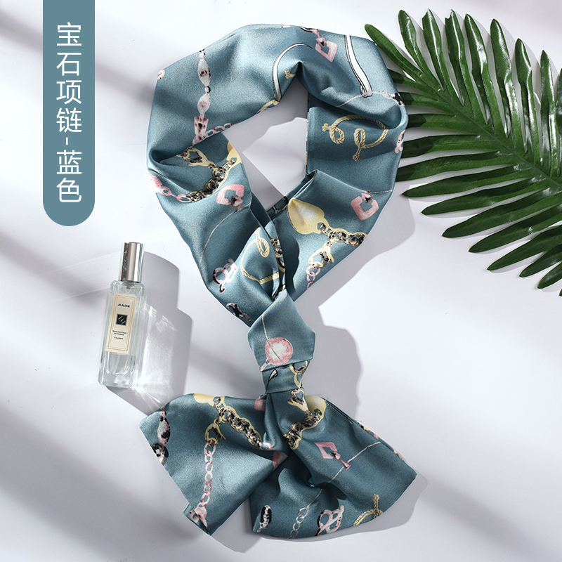 美帮汇细窄长条小丝巾秋冬百搭文艺装饰丝带小领巾围巾女绑包包飘带 宝石项链-蓝色