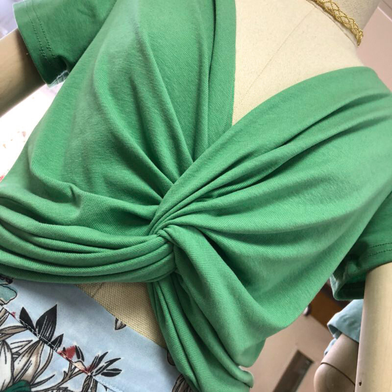 特惠2018夏装纯色交叉V领短袖T恤韩版学生短款女生酷酷的衣服上衣青色均码