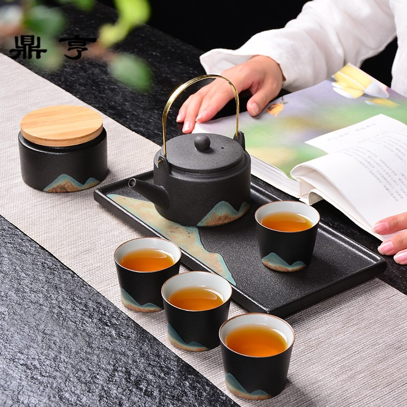 鼎亨日式功夫茶具套装家用和风提梁壶茶杯小茶台陶瓷釉画彩干泡盘