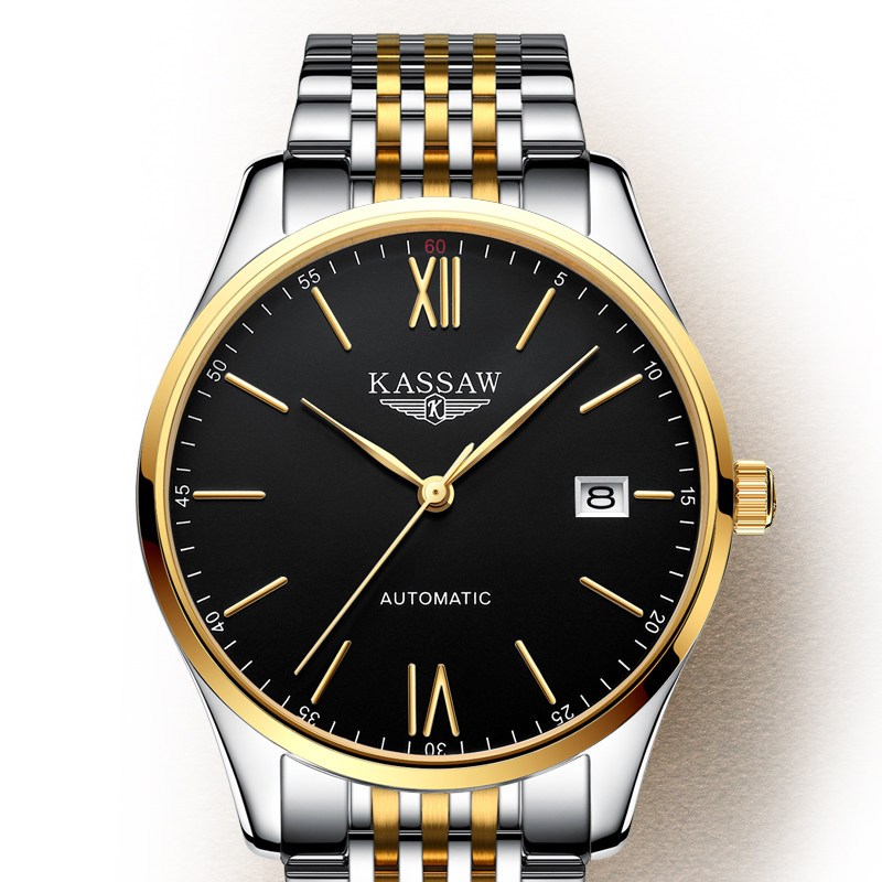 卡梭手表男超薄自动机械表男商务休闲皮带名表男表防水腕表K864G K864G.间金黑钢带