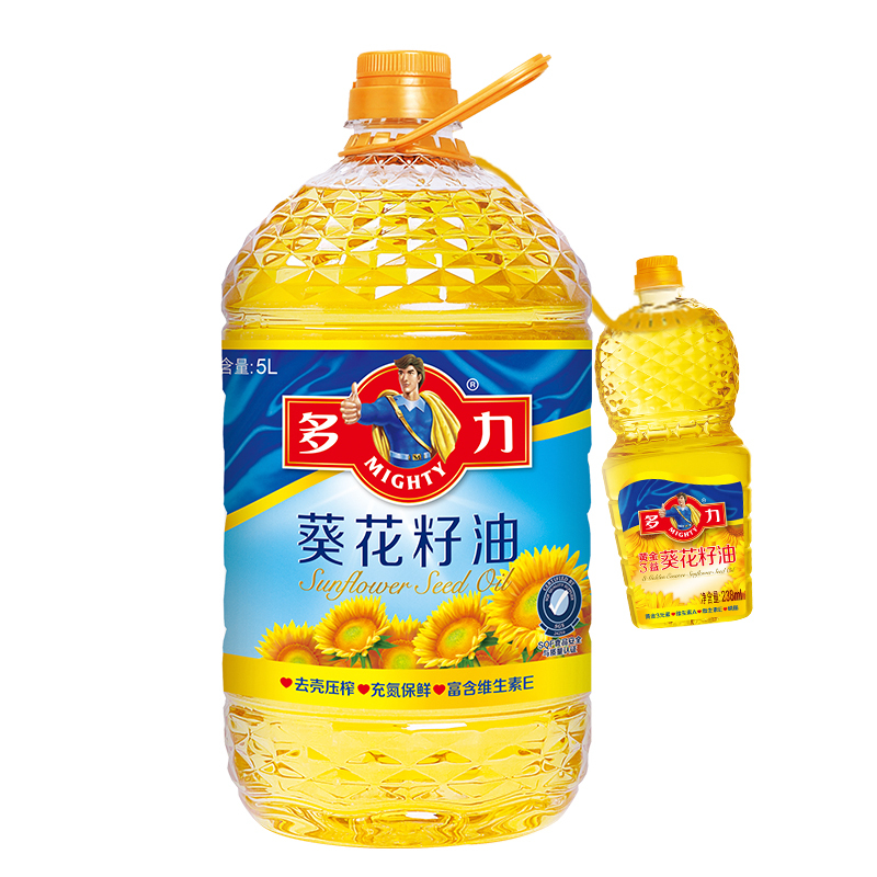 多力葵花籽油5L+238ml物理压榨一级食用油四升家用桶装油炒菜健康营养油酥田推荐