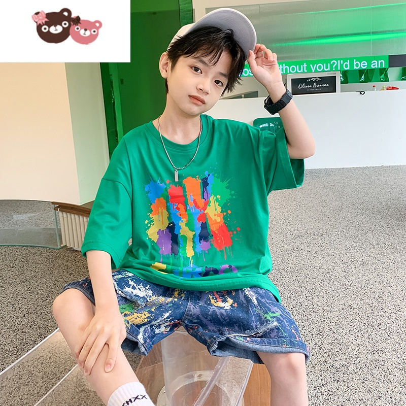 绿彩虹光儿童装男童夏季套装薄款2022新款夏装帅气短袖大童炸街潮酷帅衣服