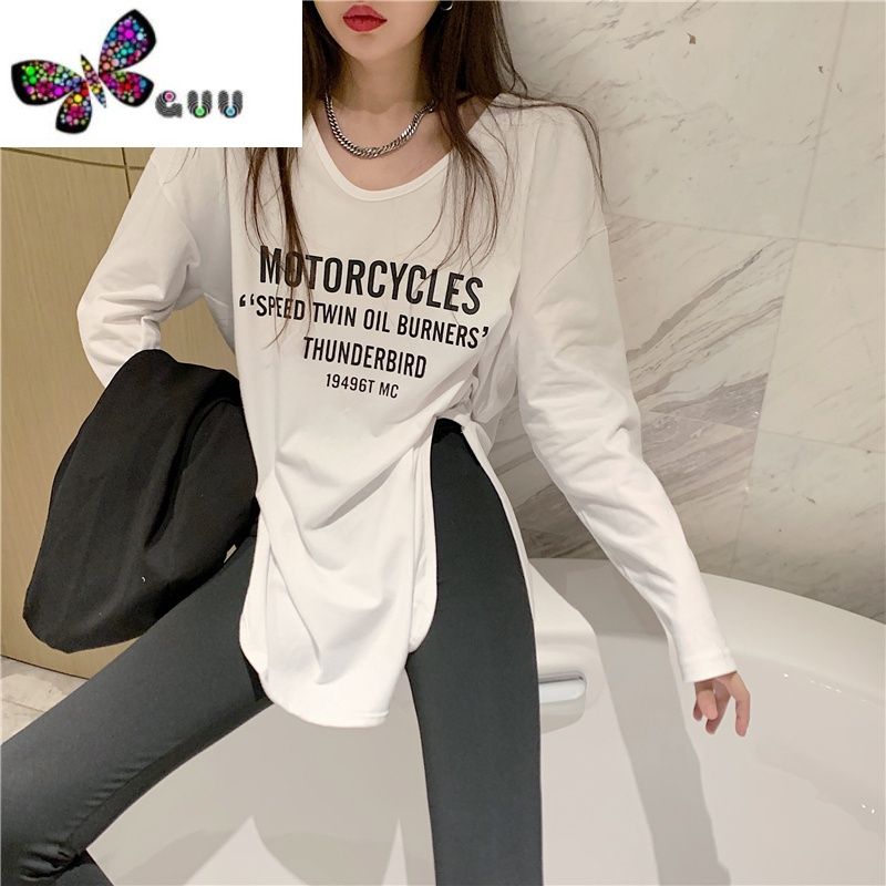 语娄秋季新款字母内搭开叉白色慵懒风中长款长袖t恤宽松打底衫女上衣