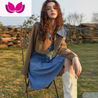 七斓吊带牛仔裙女新款小个子西装外套背带裙娃娃领连衣裙套装 卡其色娃娃领披肩西装外套 M