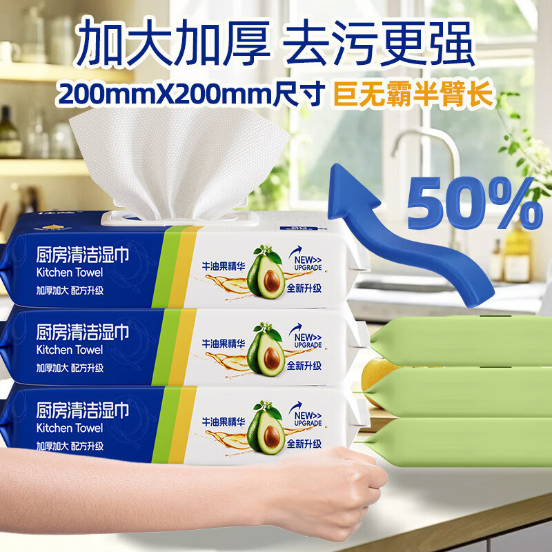 米奇喵佳燕系列新款牛油果厨房湿巾80抽去污家用油烟机清洁强力去油污3包装高清大图