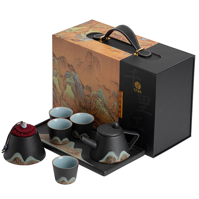 苏氏陶瓷 SUSHI CERAMICS 手绘彩画整套茶具山形画茶壶茶杯子配干泡茶盘小茶叶罐7件功夫茶具套装礼盒装