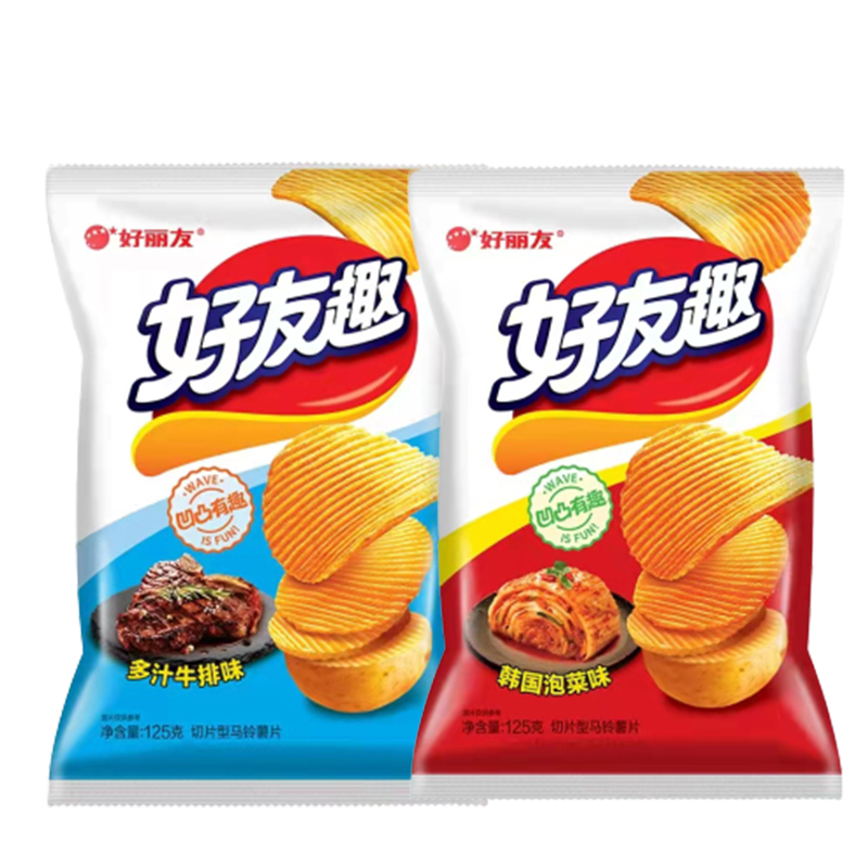 好丽友(Orion) 好友趣 切片型马铃薯薯片(韩国泡菜味+多汁牛排味) 125g*1/袋 薯片 膨化 零食 袋装