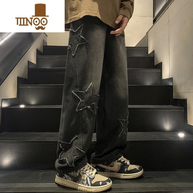 YANXU高街牛仔裤男款夏季美式刺绣设计感直筒长裤潮牌ins宽松阔腿裤牛高清大图