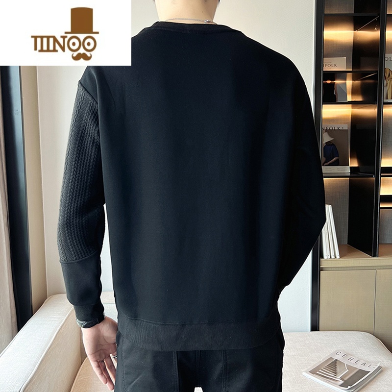 YANXU白色圆领卫衣男士2023秋季新款潮牌拼接设计感男生纹理感秋装上衣高清大图