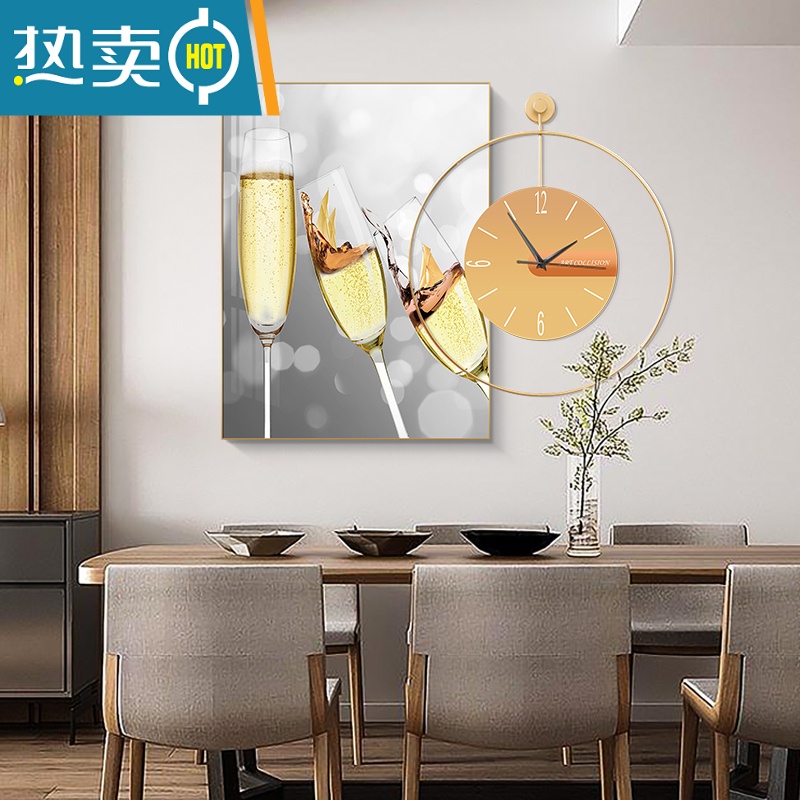 敬平现代轻奢餐厅装饰画创意钟表饭厅装饰壁画酒杯时尚歺厅背景墙挂画高清大图