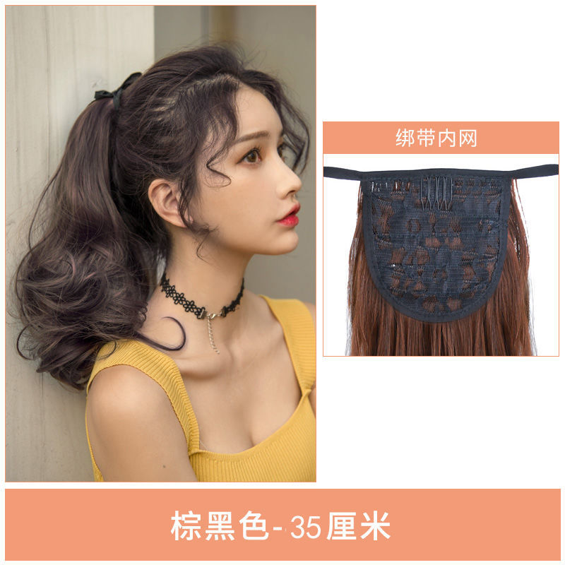 假发女马尾短款梨花卷中长发自然长卷发马尾辫子绑带式 棕黑色35CM[模特佩戴款]