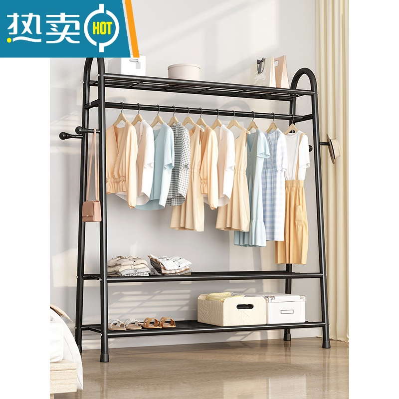 敬平简易晾衣架落地卧室内挂衣架折叠宿舍阳台收纳家用凉晒衣服杆架子 双层置物架-金-120CM高清大图