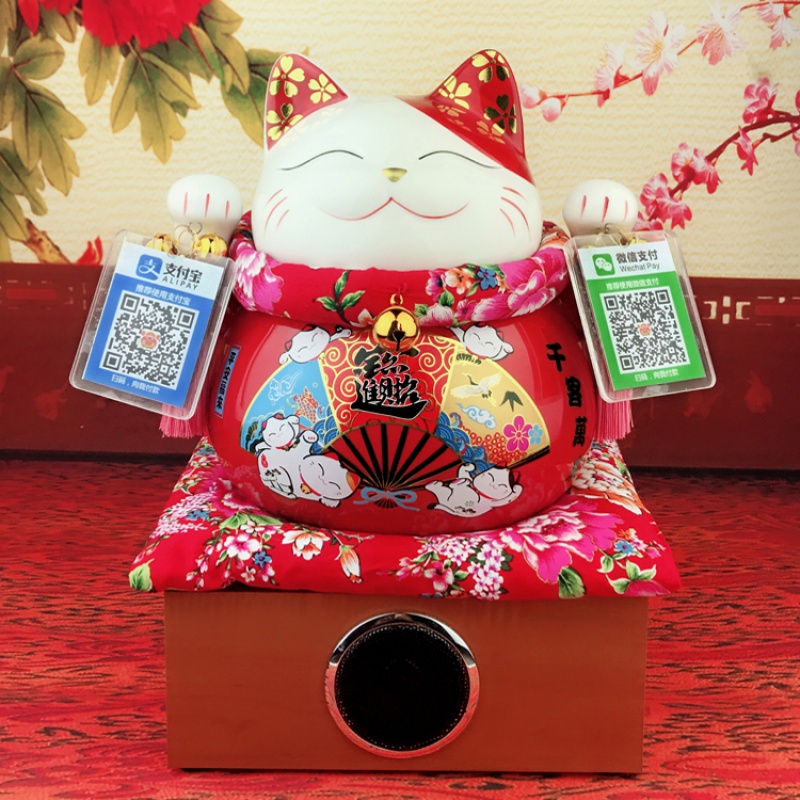 红摆件开业店铺收银台蓝牙语音播报器二维码音箱创意礼品 三维工匠 大号千客万来+二维码牌+木底座猫高清大图