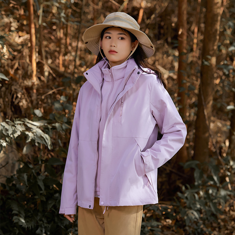 渔人船长冬季户外情侣款冲锋衣男女防风保暖可拆卸三合一两件套 雪柔紫 XL