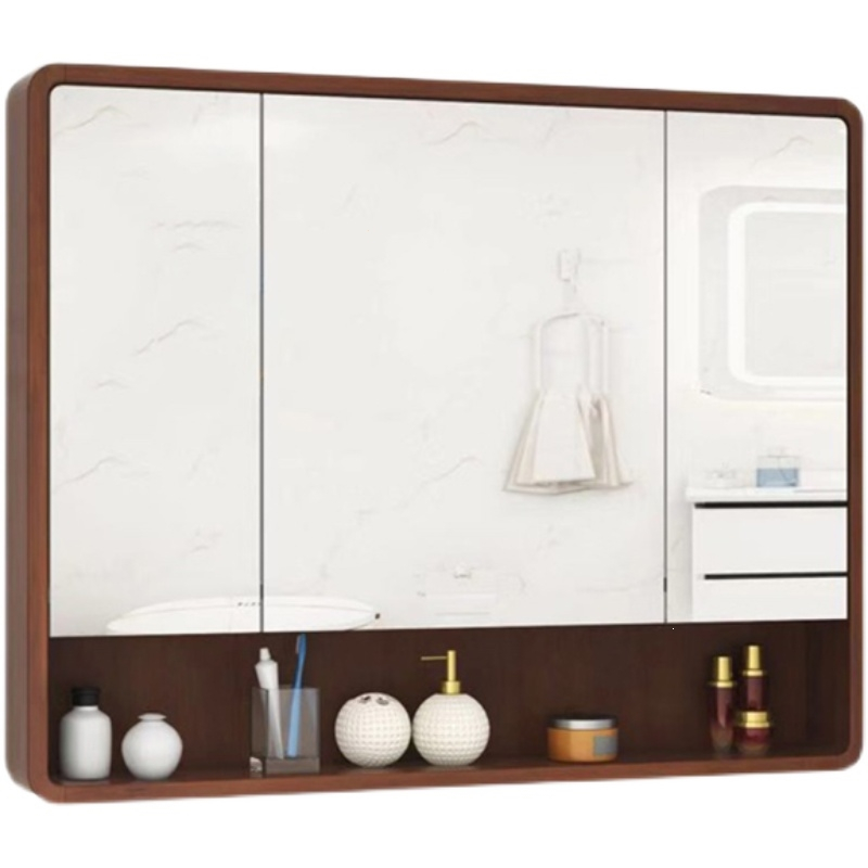 古达圆角橡木浴室镜柜卫生间镜子带置物架挂墙式镜前柜木储物柜单独