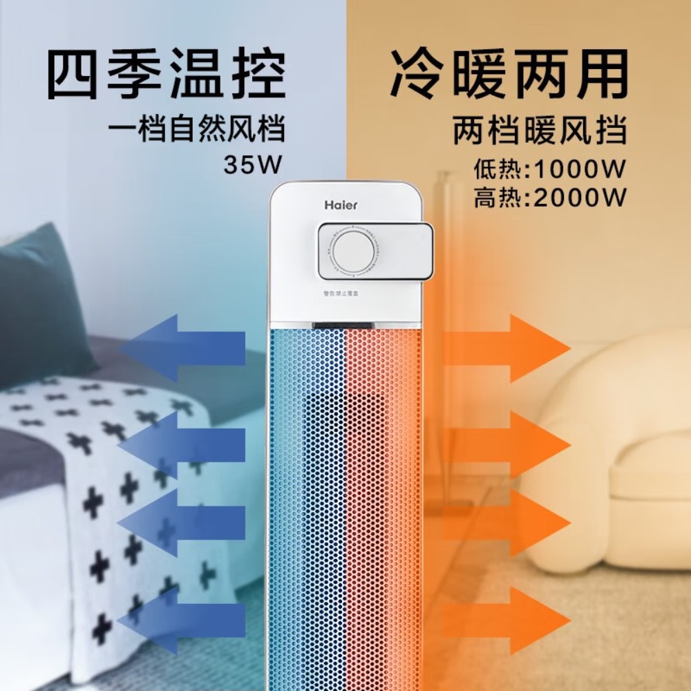 海尔(Haier)取暖器家用暖风机立式电暖气浴室热风机PTC陶瓷速热暖器卧室烤火炉宿舍电暖器轻音省电 [广角送风]机械款高清大图