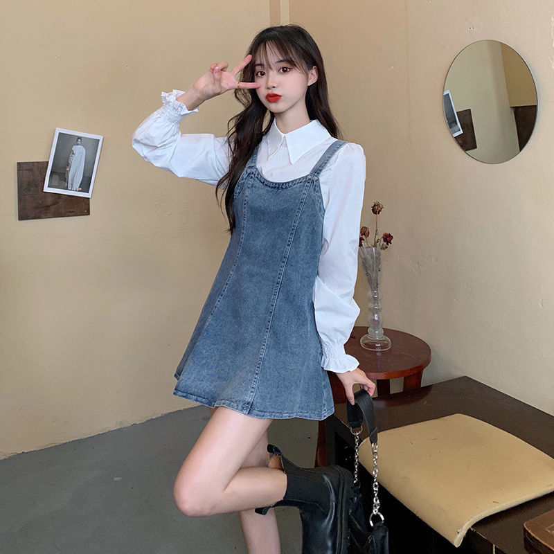 美动态大码女装牛仔连衣裙假两件连衣裙2022春季新款胖mm设计感裙