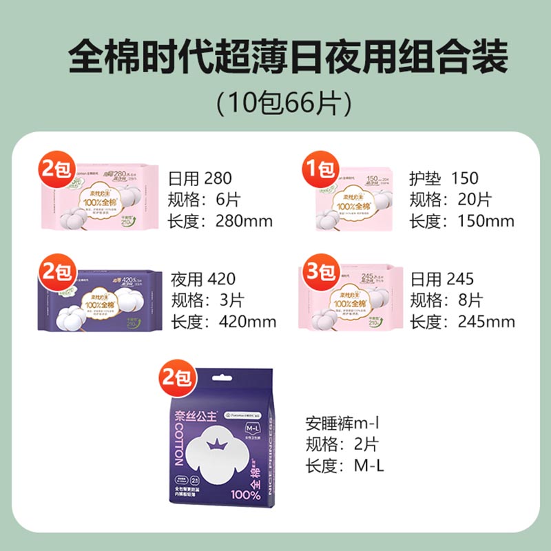 全棉时代(Purcotton) 超薄日夜用组合装66片(245mm8片*3包+280mm6片*2包+420mm3片*2包高清大图