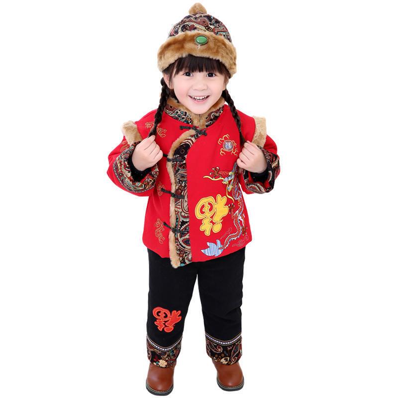 女宝宝新年衣服加厚外套春秋小孩棉衣棉裤套装加厚棉服外套秋冬外出衣