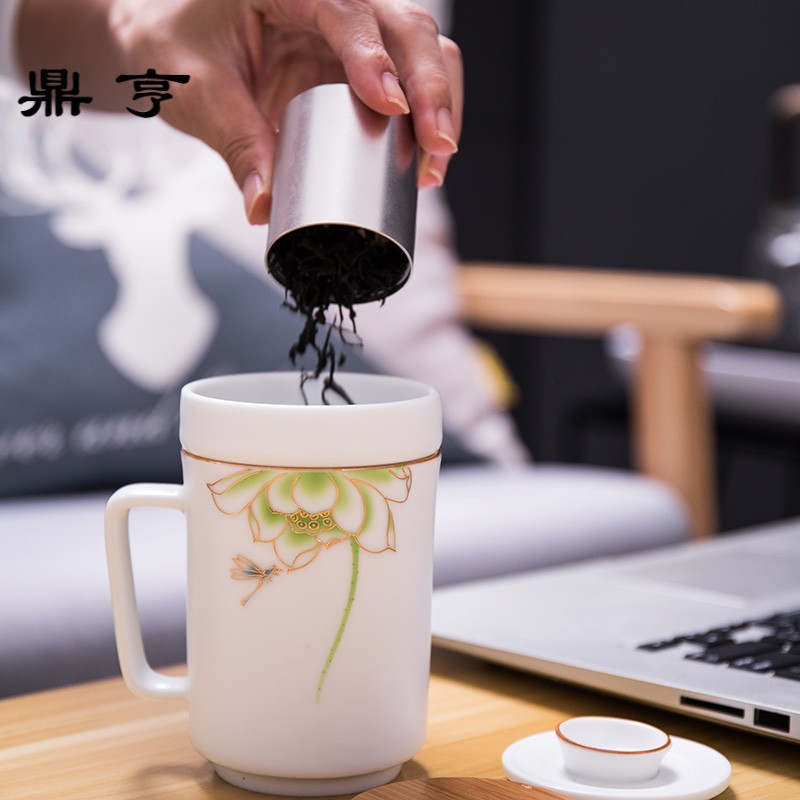 鼎亨陶瓷马克杯带盖大容量花茶杯办公室水杯泡茶杯茶水分离同心杯