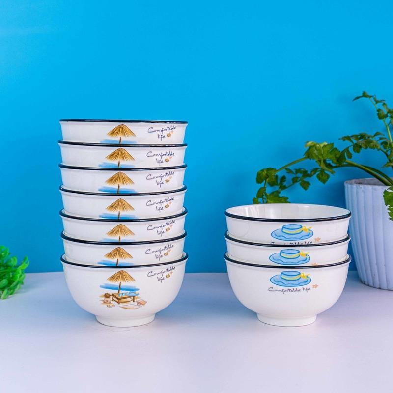 新款家用吃饭陶瓷碗家庭批发10个套装4.5/5英寸加厚防烫高档碗具 [纯白护碗]10个装 5英寸