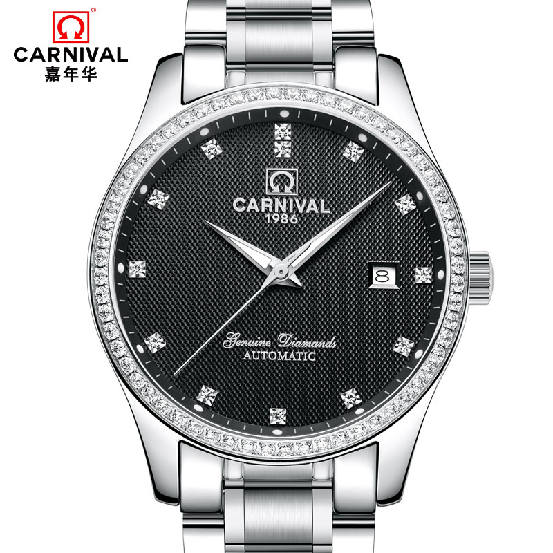 正品嘉年华Carnival手表男士全自动机械表 男表精钢金属时尚休闲商务防水夜光男表金色男腕表8739钻圈高清大图