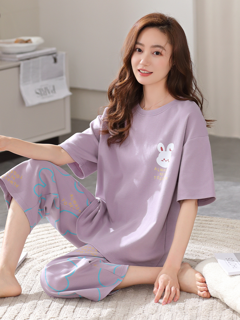 睡衣女款夏季2025新款纯棉短袖七分裤可外穿甜美大码家居服春秋款 LF321 XL