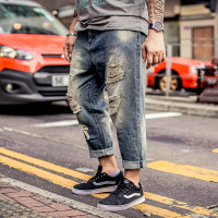 现代男孩 （XIANDAINANHAI）胖子加肥加大弹力做旧乞丐裤潮超大码九分破洞牛仔裤男夏装9分裤