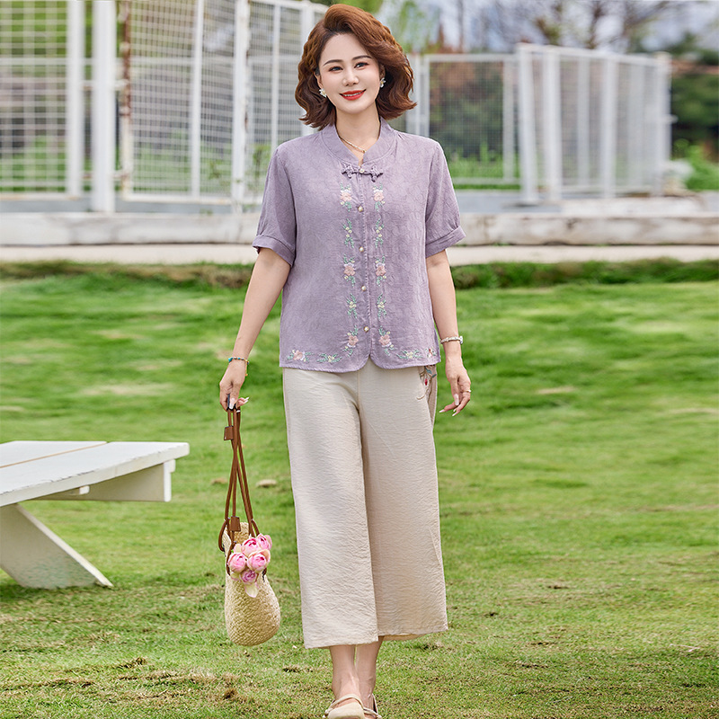 纤孜雅 夏季妈妈棉麻印花短袖套装新款中老年时尚大码上衣裤子两件套高清大图