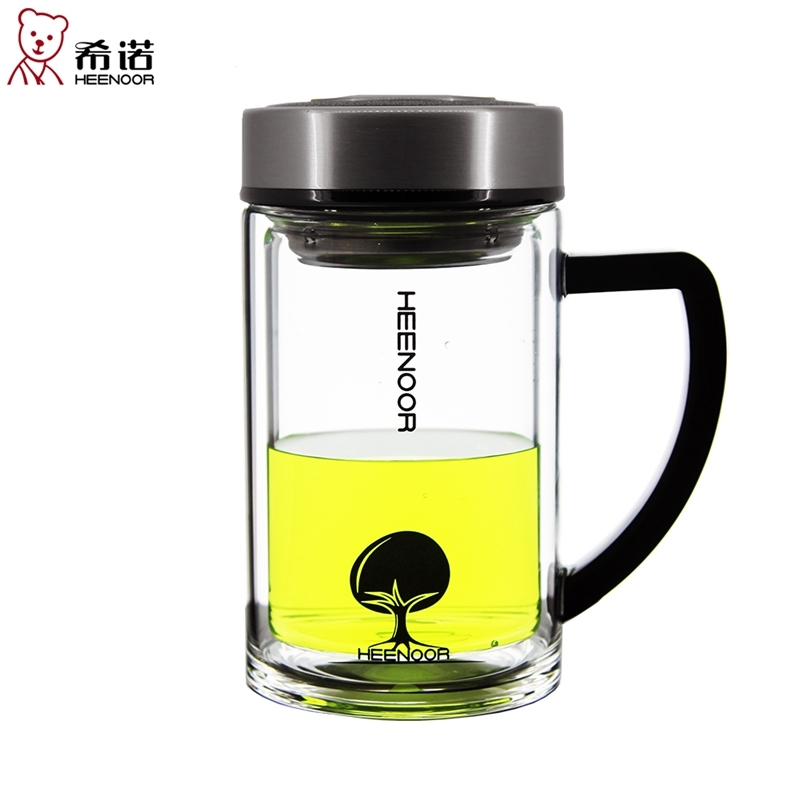 希诺XN-6720玻璃杯双层带盖办公茶杯带手柄透明水杯 无色透明