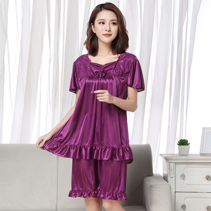 睡衣女夏季仿真丝大码短袖冰丝胖mm蕾丝睡裙家居服套装5xl码220斤深