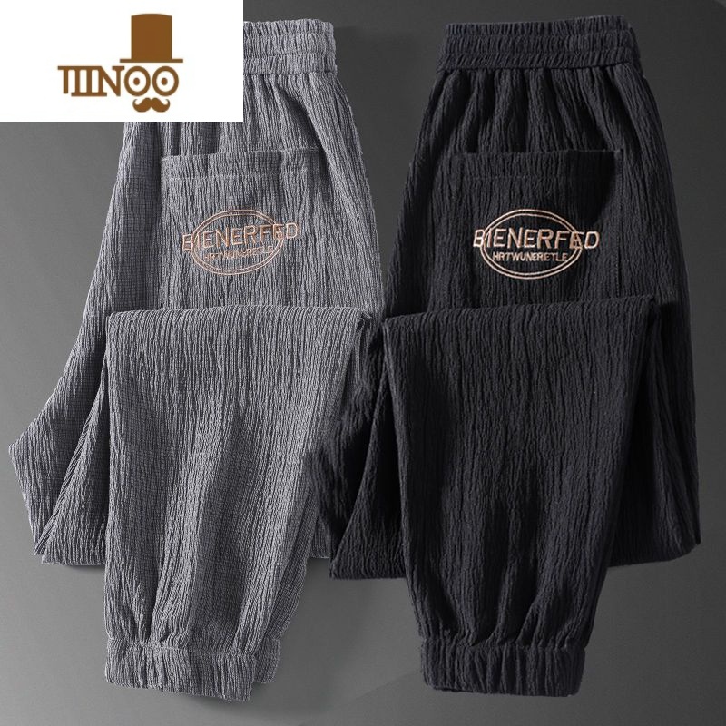 YANXU夏季超薄款亚麻棉麻运动裤男士束脚宽松冰丝速干九分休闲裤子男裤高清大图