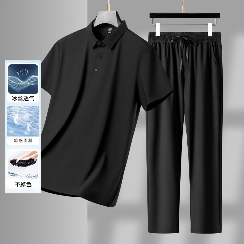 啄木鸟爸爸套装夏季薄款短袖弹力中年男装冰丝衣服休闲运动两件套高清大图