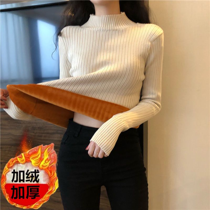 秋冬2021加绒加厚半高领毛衣女针织衫新款修身内搭保暖打底衫上衣