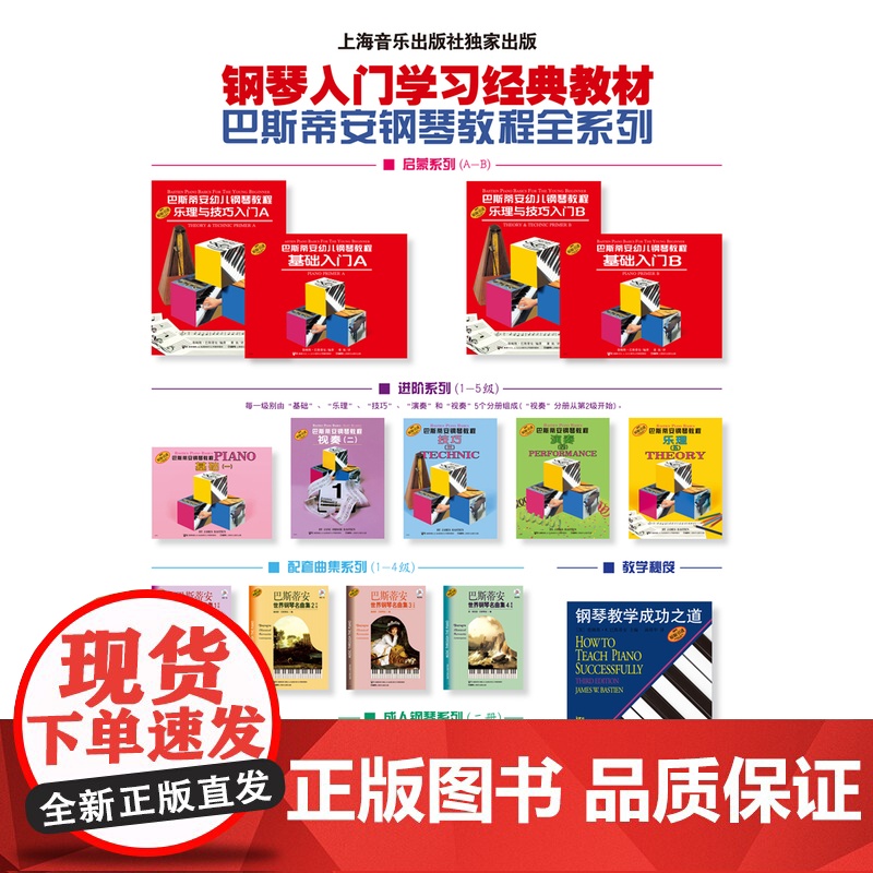 巴斯蒂安钢琴教程1 套装4册 基础+技巧+乐理+演奏+视奏 经典钢琴自学启蒙教材 儿童钢琴基础入门 原版引进图书 上海高清大图