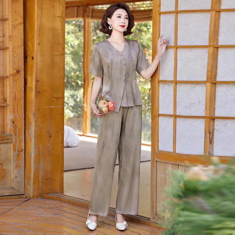 纤孜雅 中老年妈妈夏季短袖套装夏装中式大码时尚上衣时尚婆婆两件套