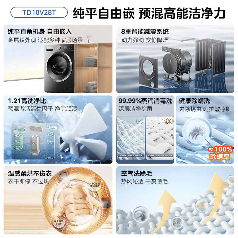 小天鹅(LittleSwan)滚筒洗衣机全自动家用 带烘干洗烘一体 10KG大容量 超薄 TD10V28T高清大图