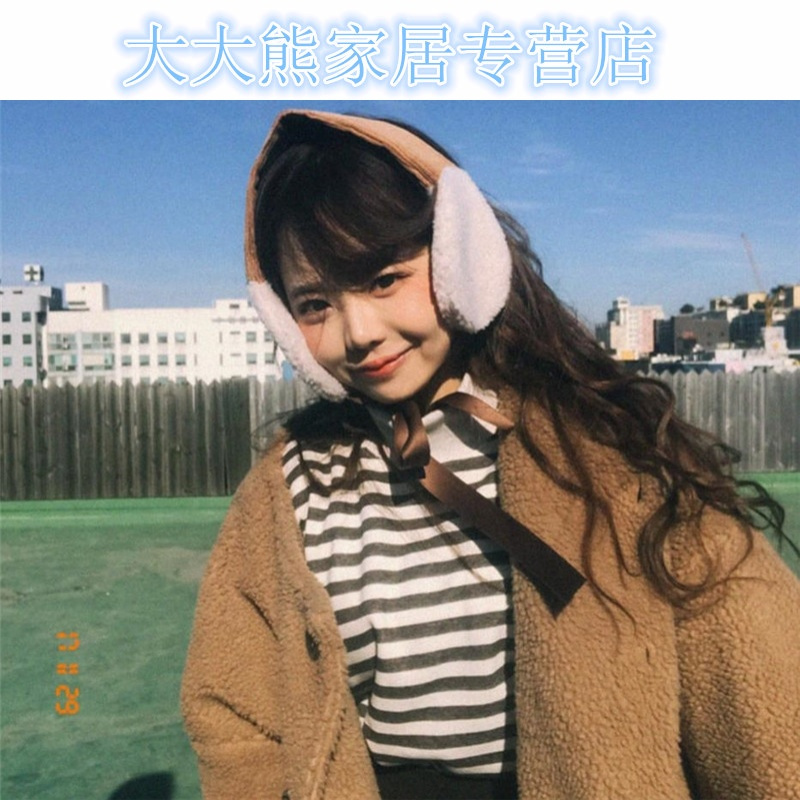 韩国风手工少女可爱甜美羊羔绒丝带系带护耳耳罩软妹保暖