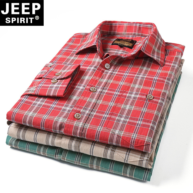 JEEP SPIRIT吉普纯棉衬衫男潮流格纹翻领衬衣薄款宽松大码休闲衬衣服男装高清大图