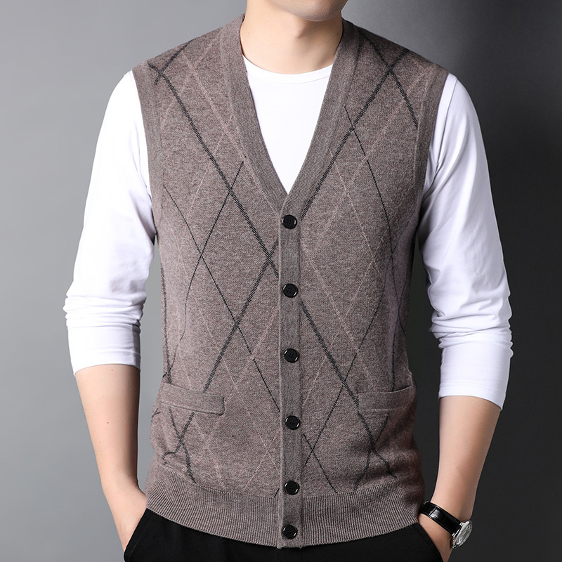 牧绒多斯加厚v领100羊绒衫马甲开襟中老年毛背心宽松口袋坎肩山羊绒不