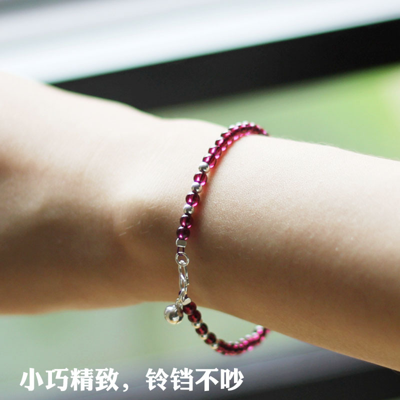 民族风纯手工水晶紫牙乌石榴石手链 女 极细简约925纯银小铃铛