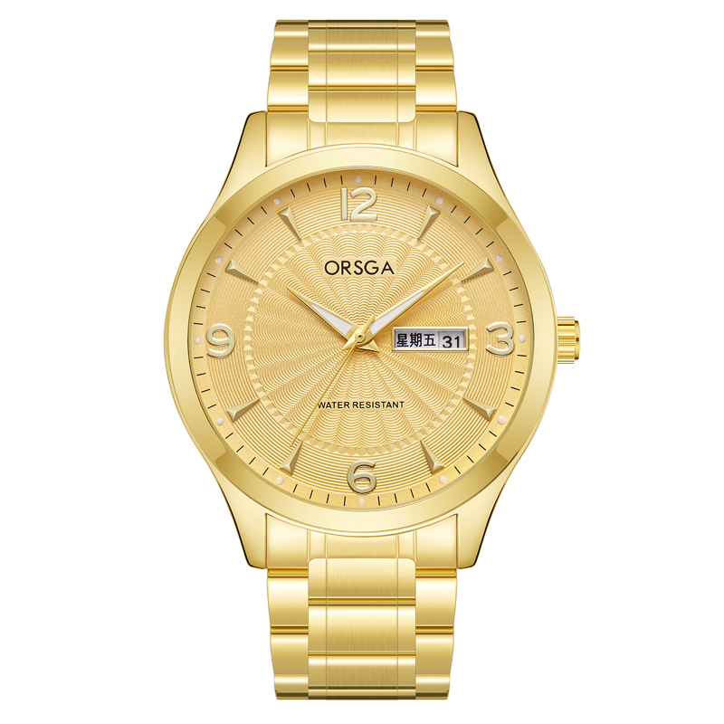ORSGA手表男休闲简约男士手表学生石英表双日历防水男表生日礼物推荐1168G 全金钢带