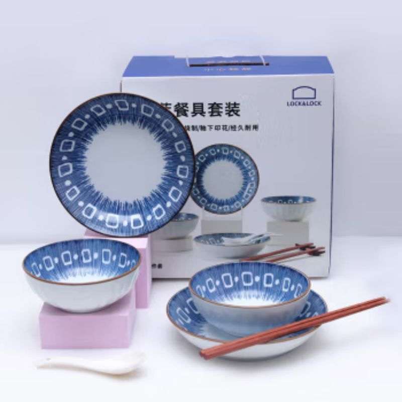 lock&lock乐扣乐扣幽兰 套韩式餐具 精美陶瓷餐具青蓝瓷套装日式碗碟套装家用陶瓷餐具汤碗 14件套