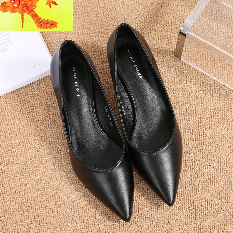 空乘尖头细跟高跟鞋女软皮中跟职业黑色工作鞋矮跟正装礼仪单鞋子简畅