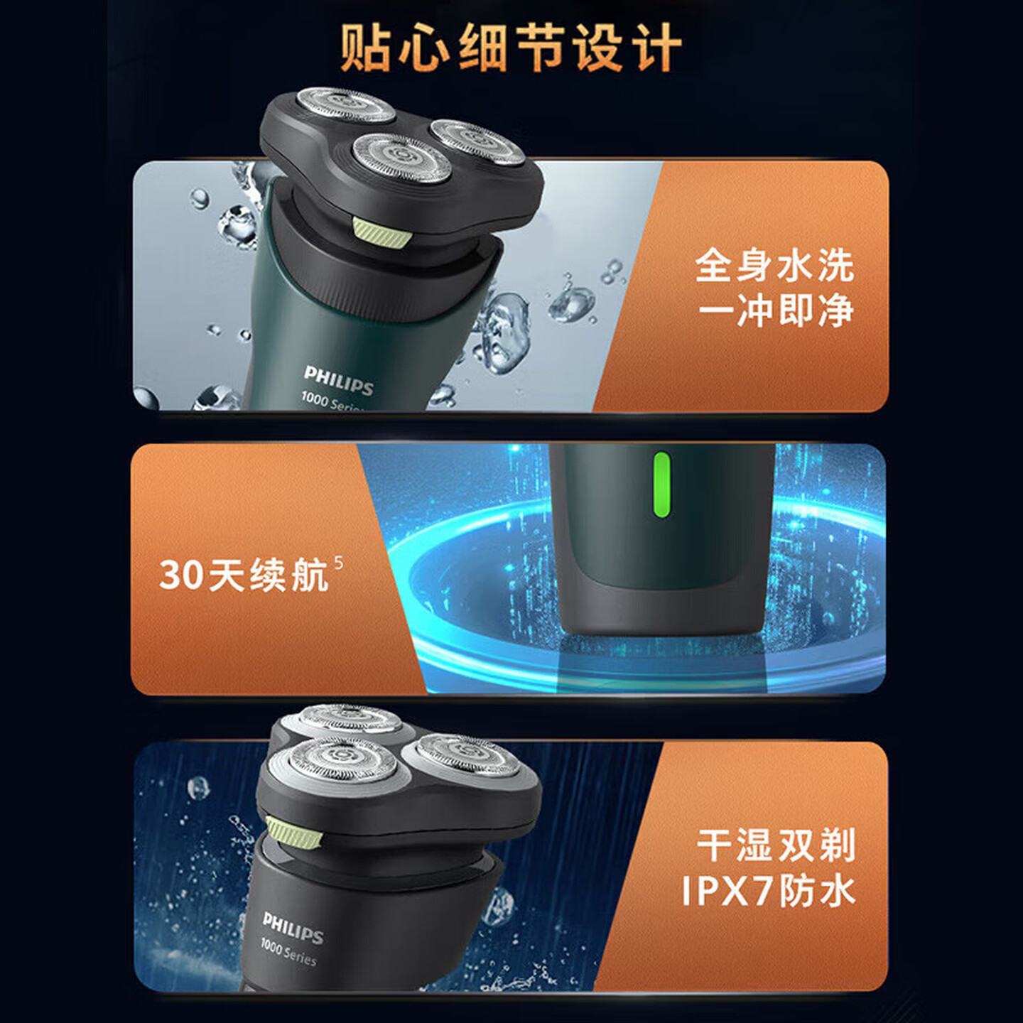 飞利浦(PHILIPS)电动剃须刀旋转全身水洗刮胡刀男士新款旋风1系送男友新年礼物情人节礼物S1771/02 墨玉青高清大图