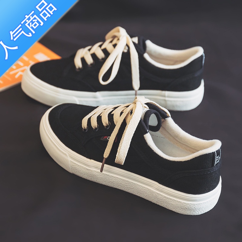 SUNTEK小白鞋女2023新款夏季休闲鞋夏款平底板鞋白色百搭女鞋帆布鞋超火 黑色偏小一码 35