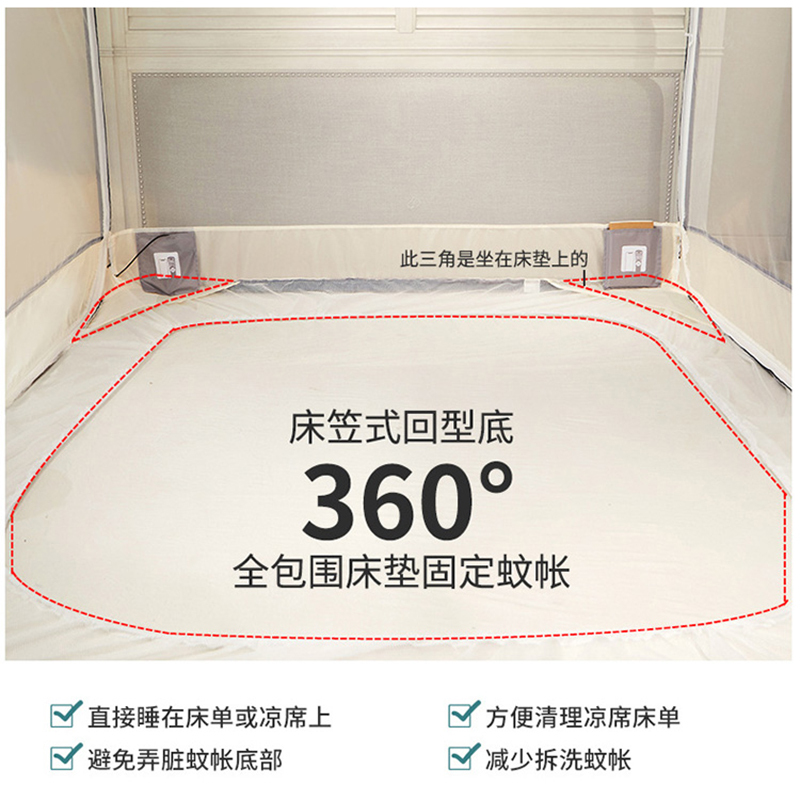 幸福派 方顶蚊帐儿童防摔蚊帐三开门拉链款1.5m蒙古包1.8m床家用1.2米坐床式纹账夏天蚊帐防摔儿童支架拉链式