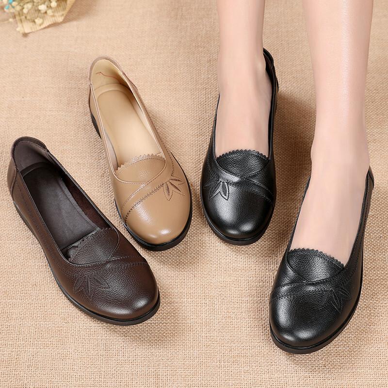 旺奈wangnai真皮老人皮鞋女平底妈妈鞋软底软皮女式休闲皮鞋奶奶鞋
