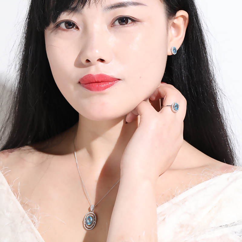 阖天下传家宝 托帕石纯银项链耳钉戒指三件套宝石饰品套装女银生日礼物送女友