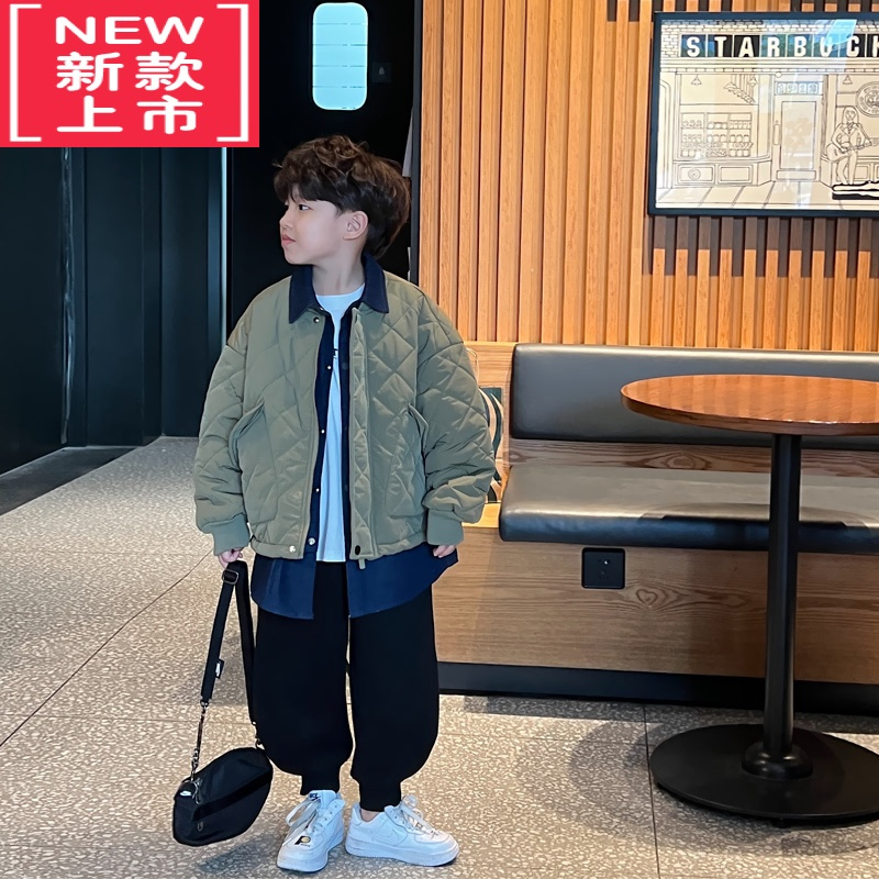 可莉允凯文家童装2022秋冬新款男童中大童菱格夹棉棒球服拼接假两件棉衣棉服